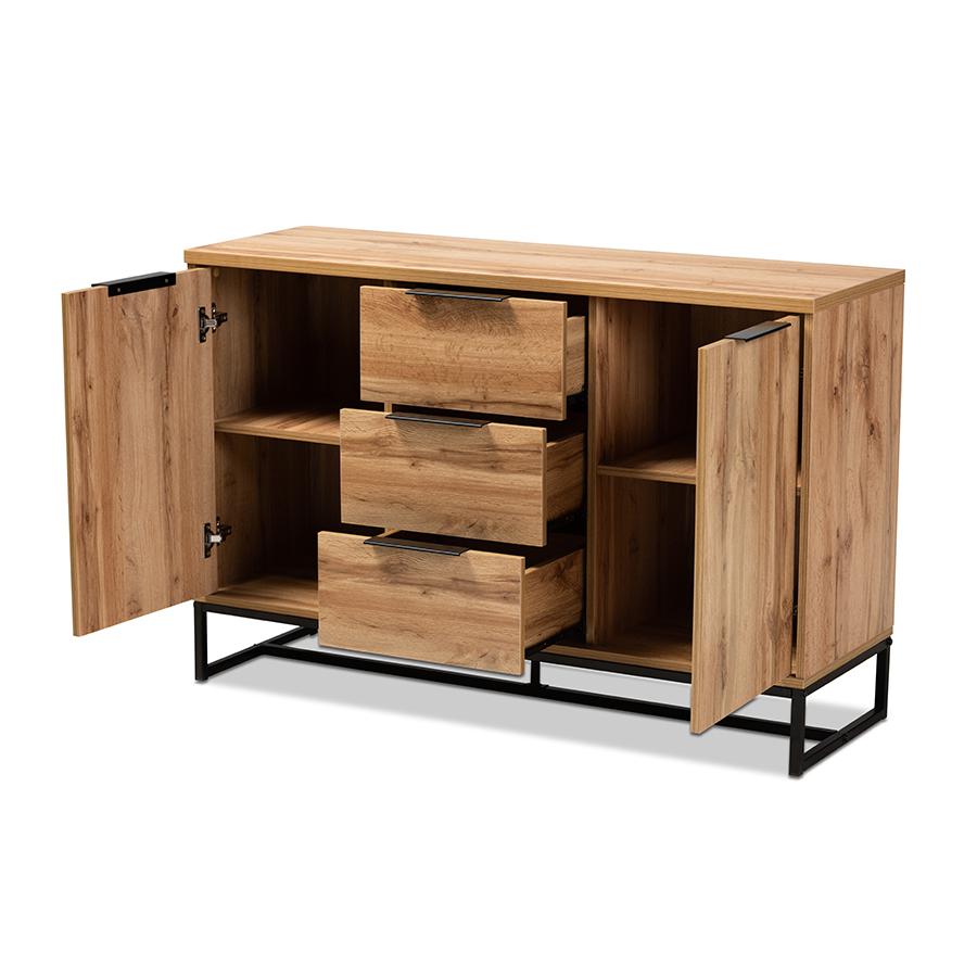 Reid Modern and Contemporary Industrial Oak Finished Wood and Black Metal 3-Drawer Sideboard Buffet. Picture 2