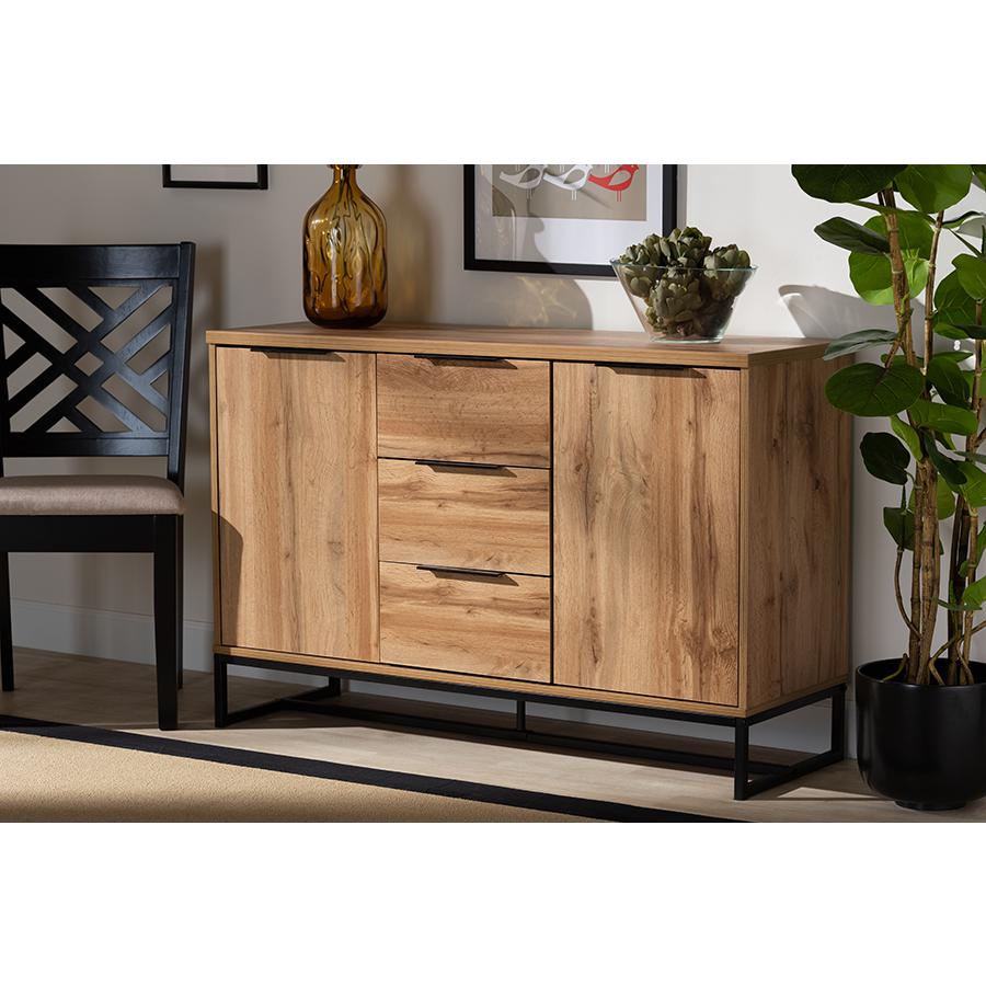 Reid Modern and Contemporary Industrial Oak Finished Wood and Black Metal 3-Drawer Sideboard Buffet. Picture 7