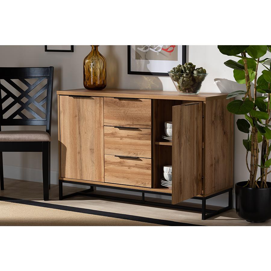 Reid Modern and Contemporary Industrial Oak Finished Wood and Black Metal 3-Drawer Sideboard Buffet. Picture 8