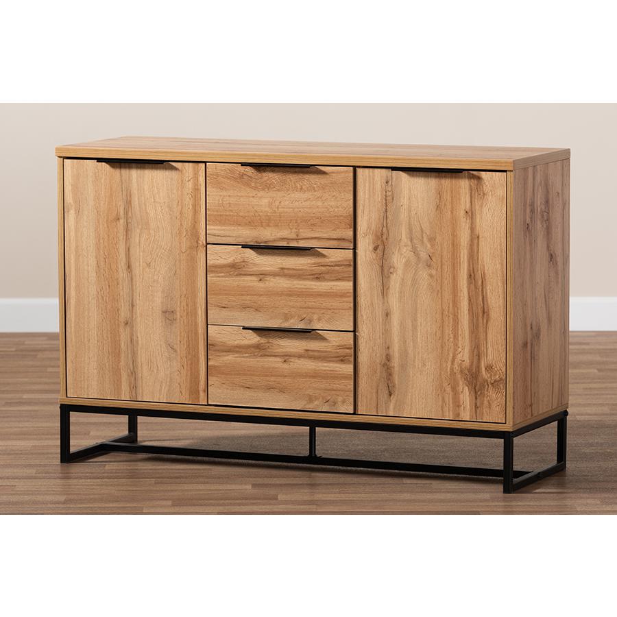 Industrial Oak Finished Wood and Black Metal 3-Drawer Sideboard Buffet. Picture 9