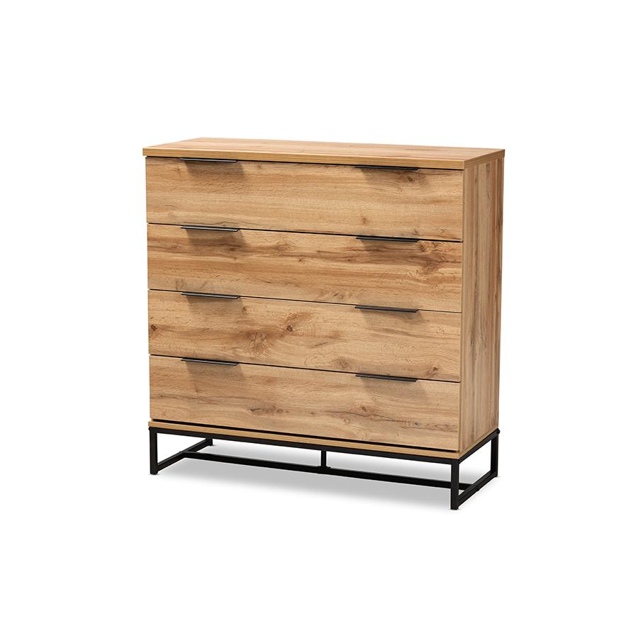 Reid Modern and Contemporary Industrial Oak Finished Wood and Black Metal 4-Drawer Dresser. Picture 1