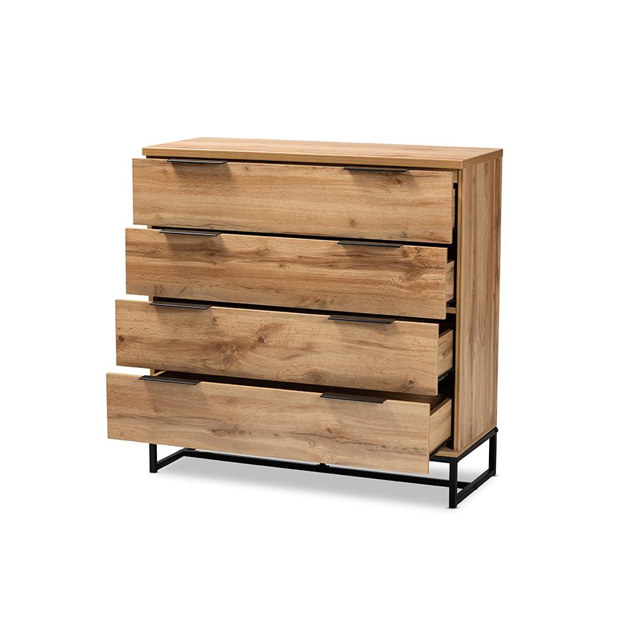 Industrial Oak Finished Wood and Black Metal 4-Drawer Dresser. Picture 2