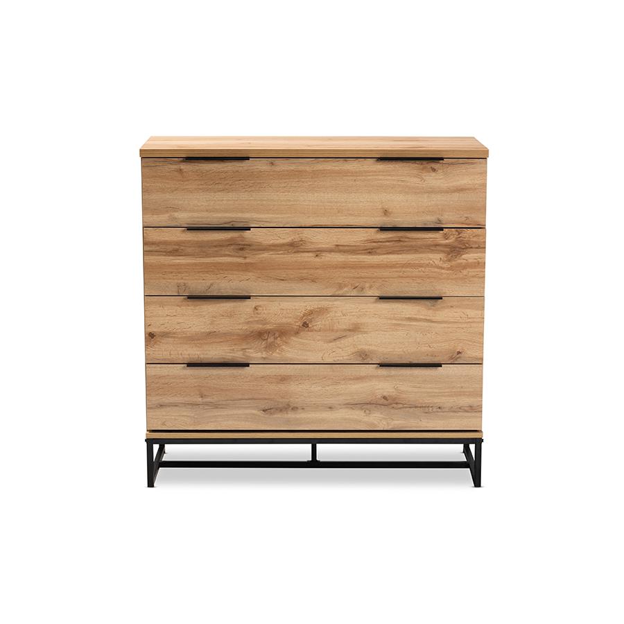 Reid Modern and Contemporary Industrial Oak Finished Wood and Black Metal 4-Drawer Dresser. Picture 3