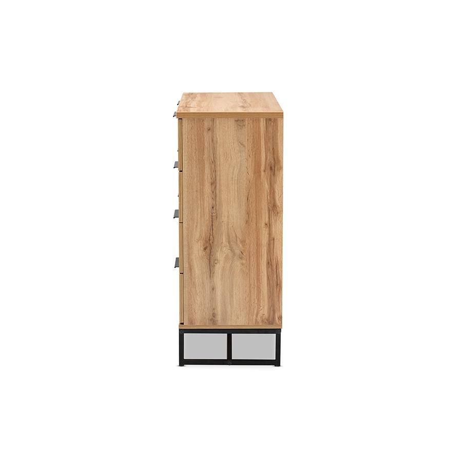 Industrial Oak Finished Wood and Black Metal 4-Drawer Dresser. Picture 4