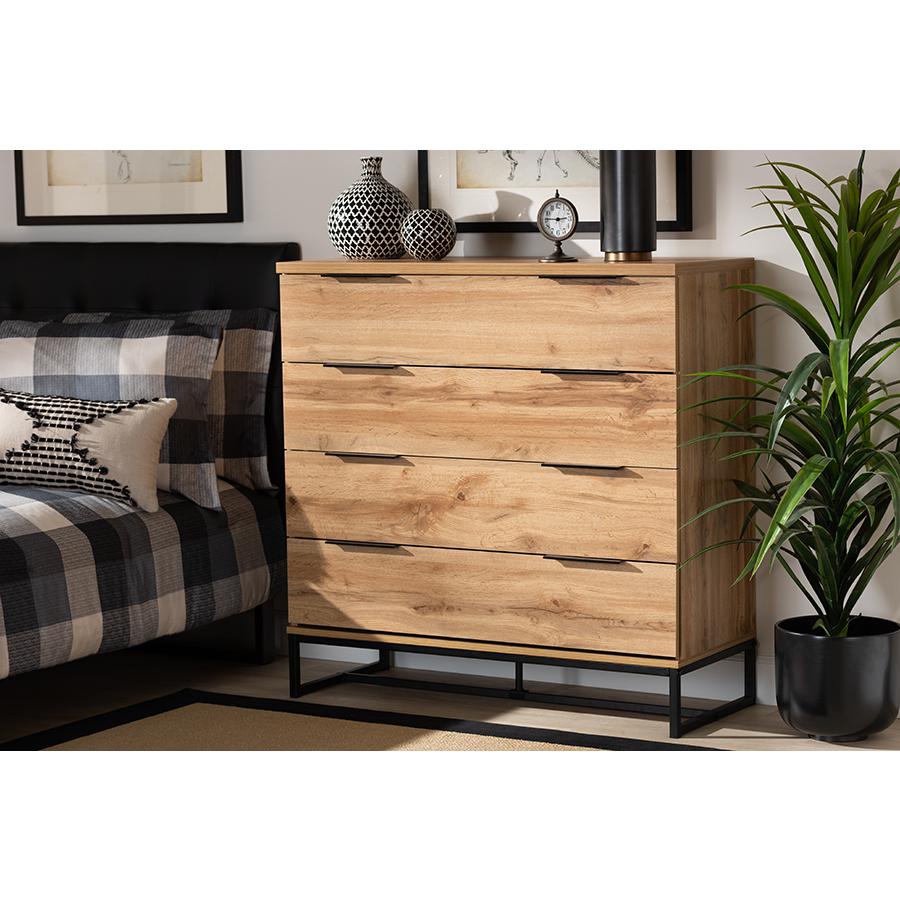 Industrial Oak Finished Wood and Black Metal 4-Drawer Dresser. Picture 7