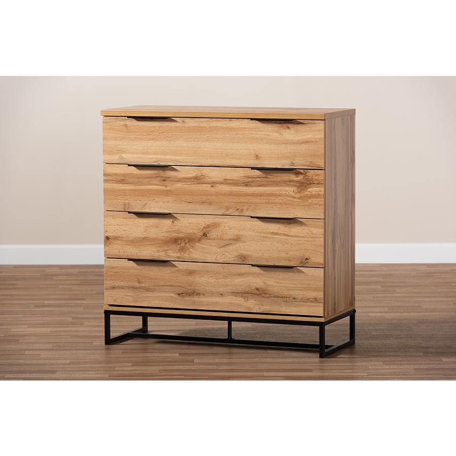 Industrial Oak Finished Wood and Black Metal 4-Drawer Dresser. Picture 8
