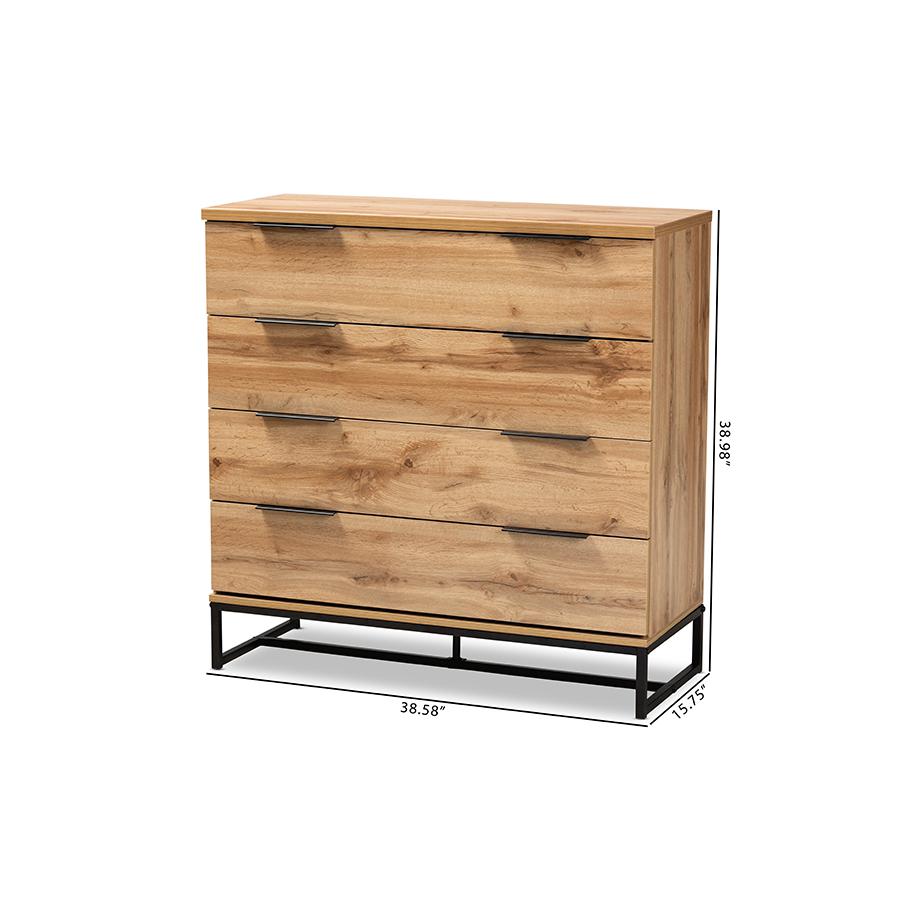 Reid Modern and Contemporary Industrial Oak Finished Wood and Black Metal 4-Drawer Dresser. Picture 9