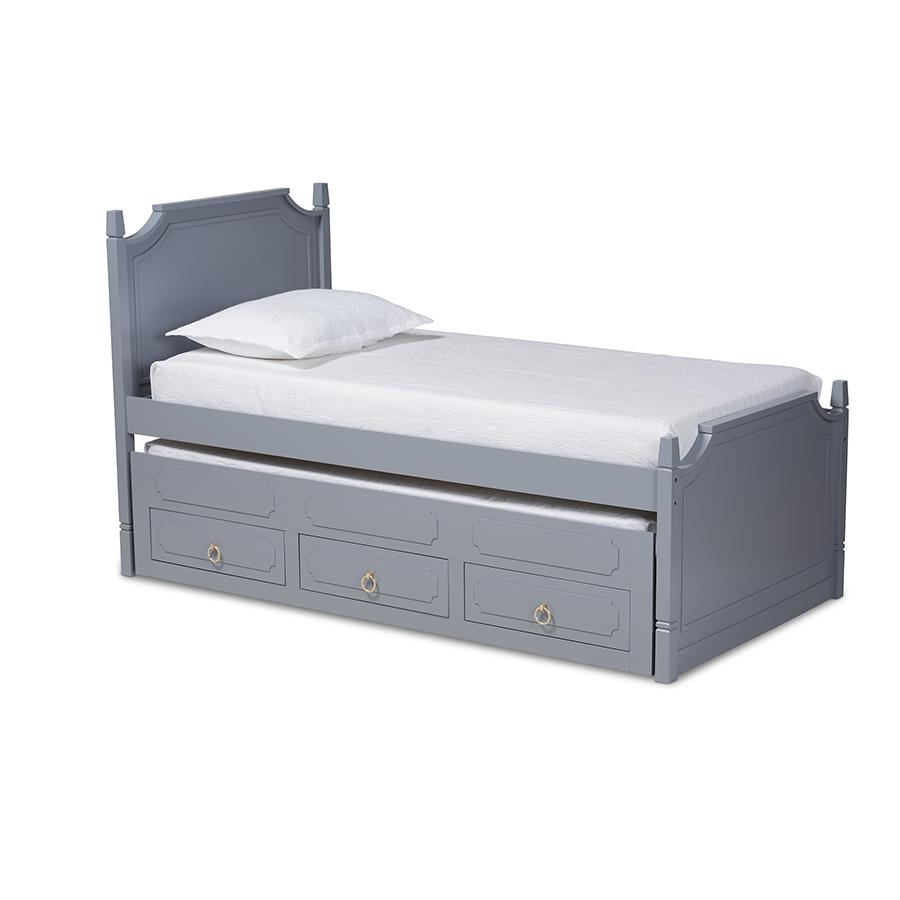 Grey Finished Wood Twin Size 3-Drawer Storage Bed with Pull-Out Trundle Bed. Picture 1
