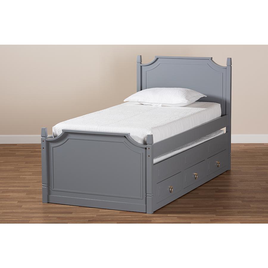 Grey Finished Wood Twin Size 3-Drawer Storage Bed with Pull-Out Trundle Bed. Picture 10