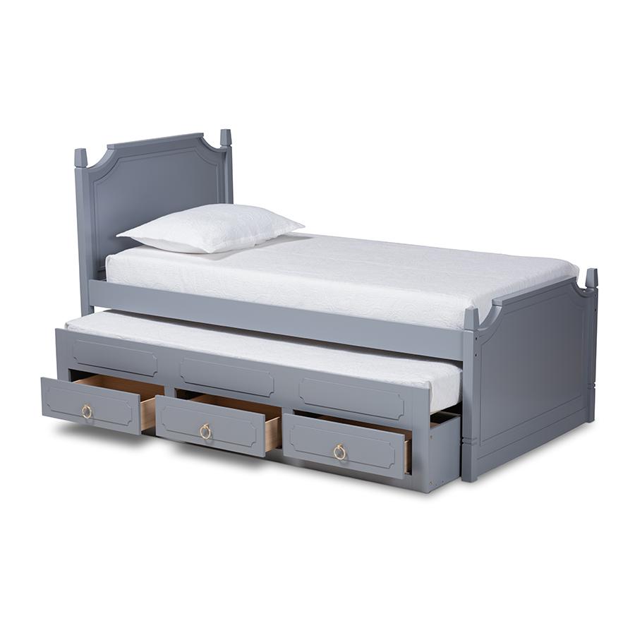Grey Finished Wood Twin Size 3-Drawer Storage Bed with Pull-Out Trundle Bed. Picture 2