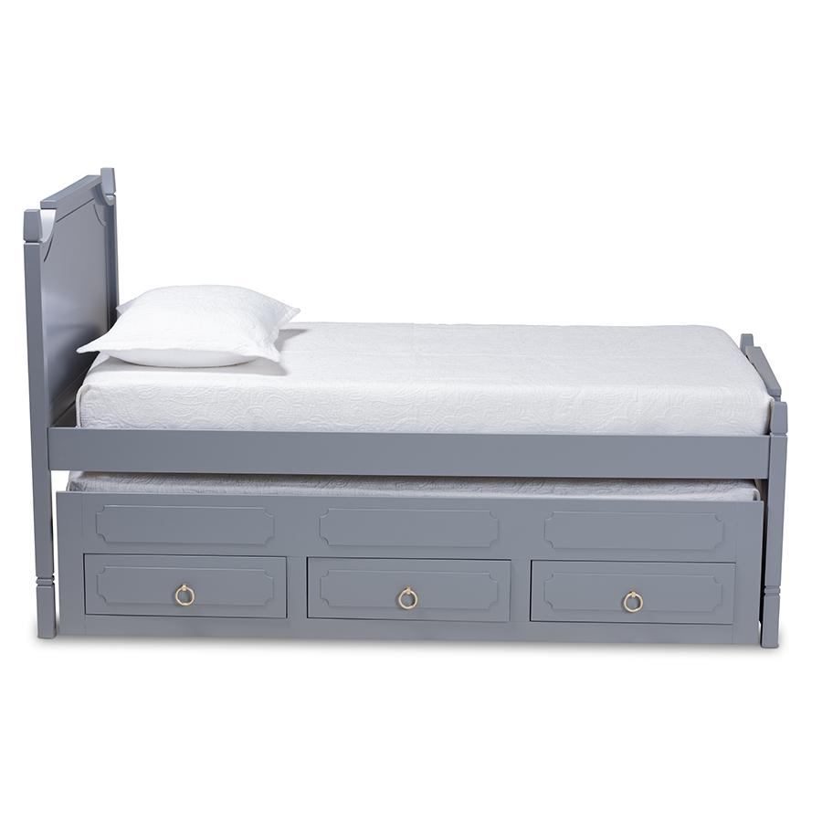 Grey Finished Wood Twin Size 3-Drawer Storage Bed with Pull-Out Trundle Bed. Picture 3