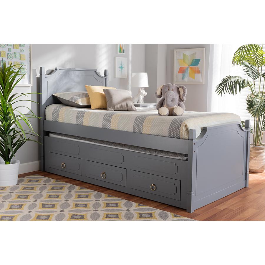 Grey Finished Wood Twin Size 3-Drawer Storage Bed with Pull-Out Trundle Bed. Picture 8