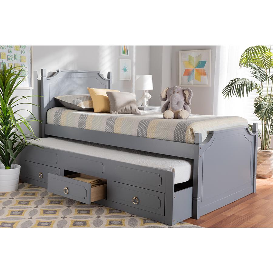 Grey Finished Wood Twin Size 3-Drawer Storage Bed with Pull-Out Trundle Bed. Picture 9