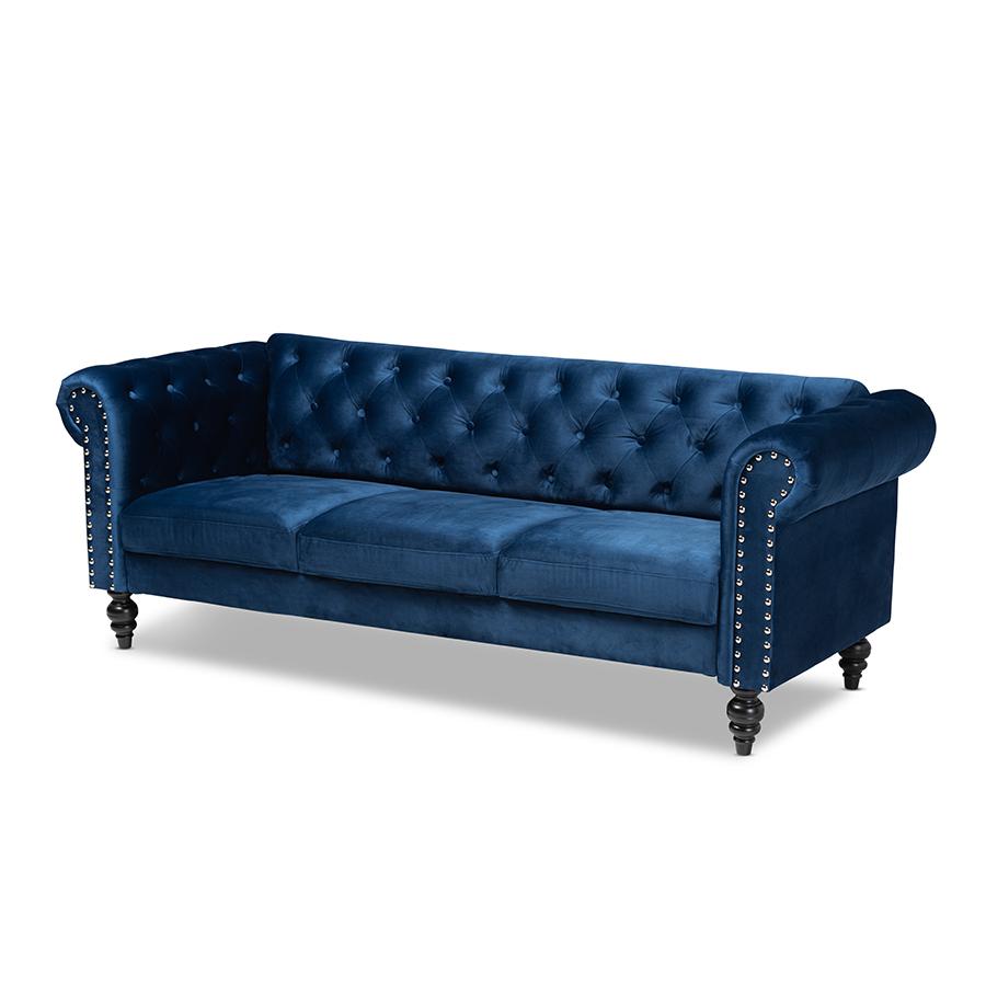 Baxton Studio Emma Traditional and Transitional Navy Blue Velvet Fabric Upholstered and Button Tufted Chesterfield Sofa. Picture 1