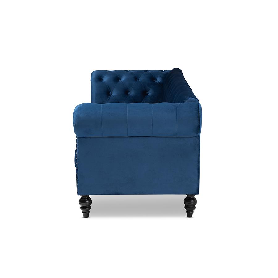 Baxton Studio Emma Traditional and Transitional Navy Blue Velvet Fabric Upholstered and Button Tufted Chesterfield Sofa. Picture 3