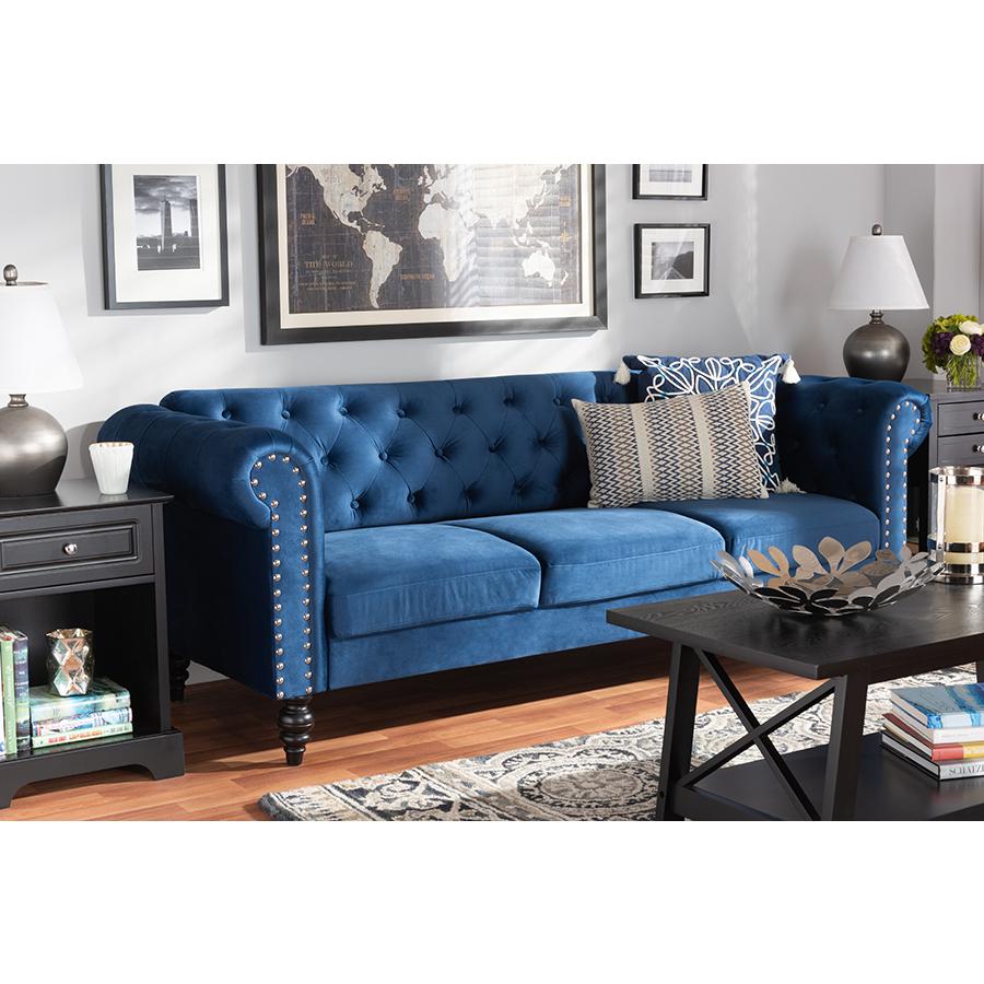 Baxton Studio Emma Traditional and Transitional Navy Blue Velvet Fabric Upholstered and Button Tufted Chesterfield Sofa. Picture 8