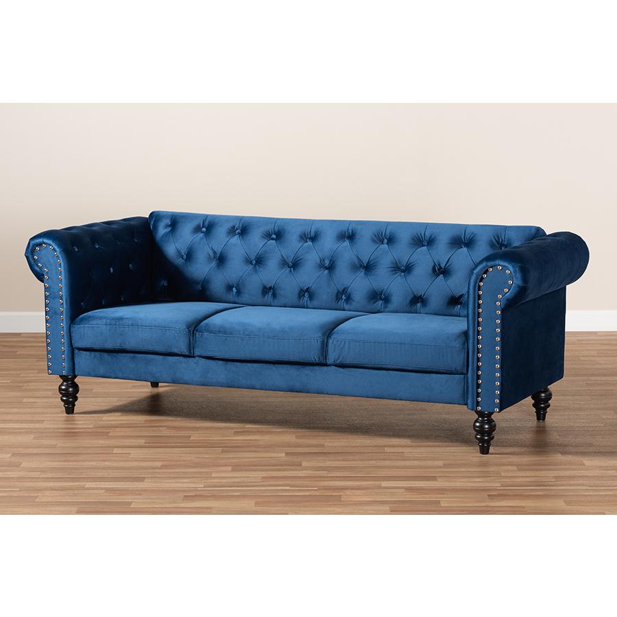 Baxton Studio Emma Traditional and Transitional Navy Blue Velvet Fabric Upholstered and Button Tufted Chesterfield Sofa. Picture 9