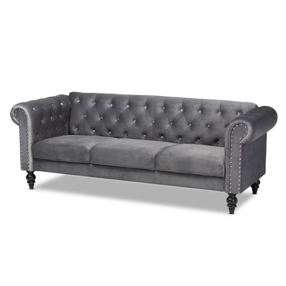 Baxton Studio Emma Traditional and Transitional Grey Velvet Fabric Upholstered and Button Tufted Chesterfield Sofa. Picture 1
