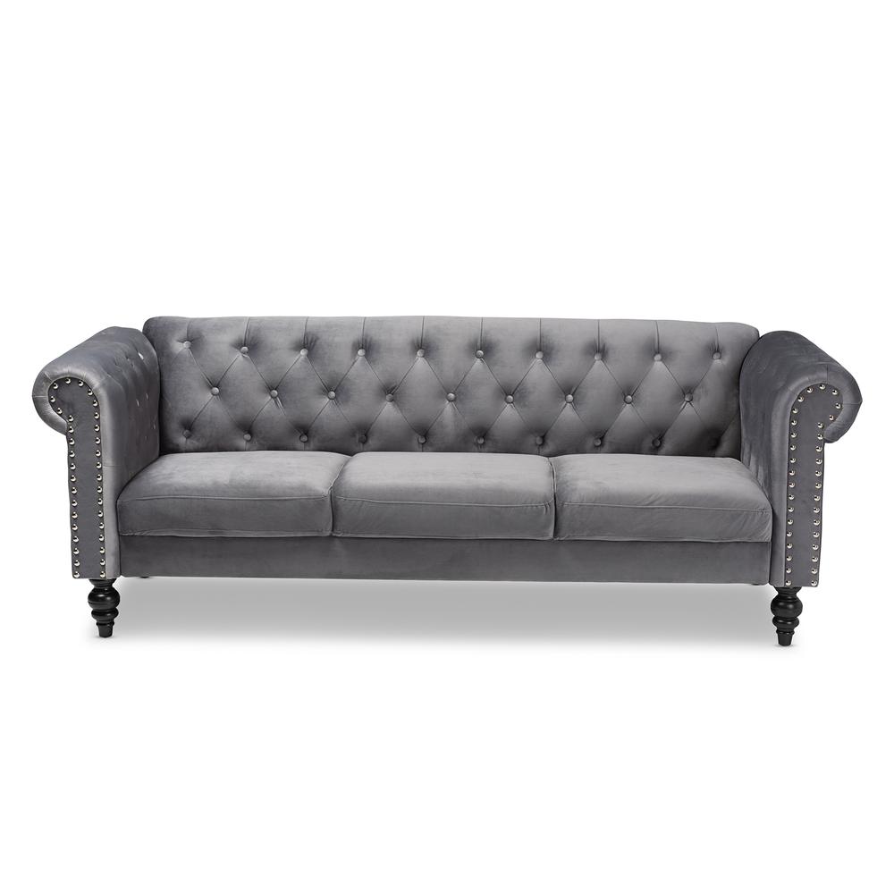 Baxton Studio Emma Traditional and Transitional Grey Velvet Fabric Upholstered and Button Tufted Chesterfield Sofa. Picture 2