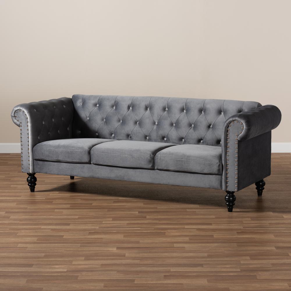 Baxton Studio Emma Traditional and Transitional Grey Velvet Fabric Upholstered and Button Tufted Chesterfield Sofa. Picture 9