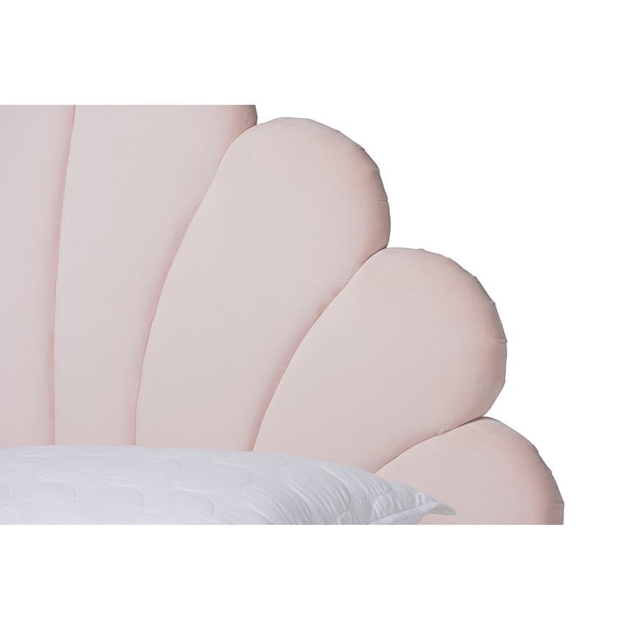 Baxton Studio Odille Modern Glam Light Pink Velvet Upholstered Walnut Brown Finished Wood Queen Size Seashell Shaped Platform Bed. Picture 4