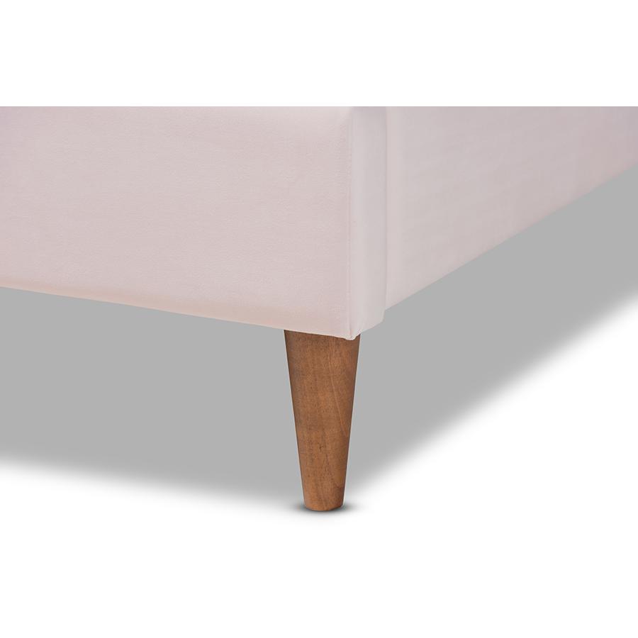 Baxton Studio Odille Modern Glam Light Pink Velvet Upholstered Walnut Brown Finished Wood Queen Size Seashell Shaped Platform Bed. Picture 5