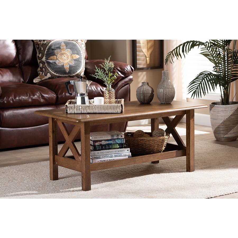 Transitional Walnut Brown Finished Rectangular Wood Coffee Table. Picture 6