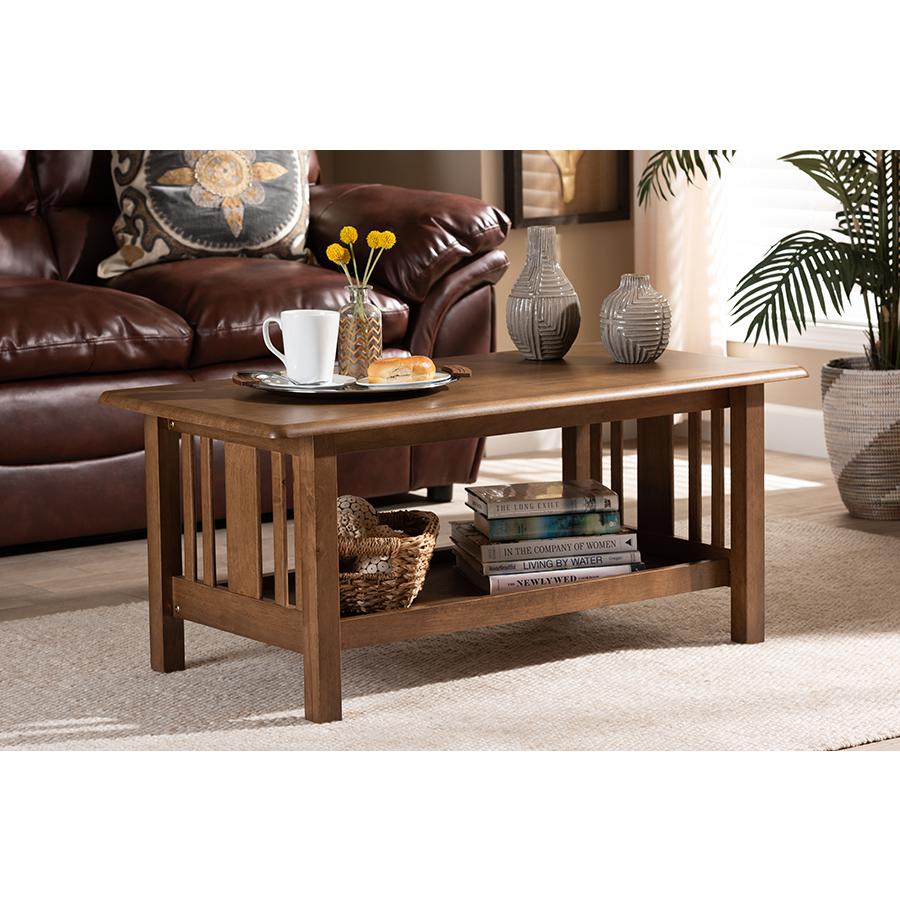 Rylie Traditional Transitional Mission Style Walnut Brown Finished Rectangular Wood Coffee Table. Picture 6