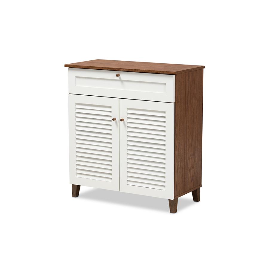 Baxton Studio Coolidge Modern and Contemporary White and Walnut Finished 4Shelf Wood Shoe Storage Cabinet with Drawer. Picture 1