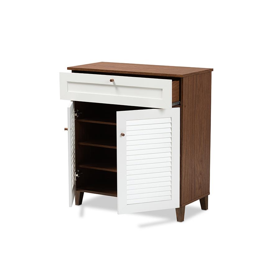 Baxton Studio Coolidge Modern and Contemporary White and Walnut Finished 4Shelf Wood Shoe Storage Cabinet with Drawer. Picture 2