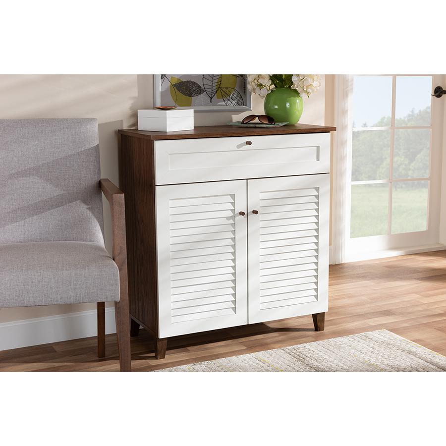 Baxton Studio Coolidge Modern and Contemporary White and Walnut Finished 4Shelf Wood Shoe Storage Cabinet with Drawer. Picture 7