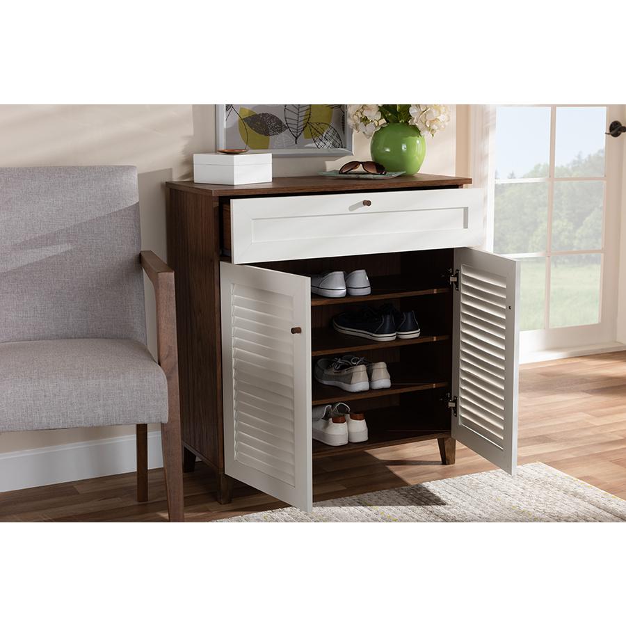 Baxton Studio Coolidge Modern and Contemporary White and Walnut Finished 4Shelf Wood Shoe Storage Cabinet with Drawer. Picture 8