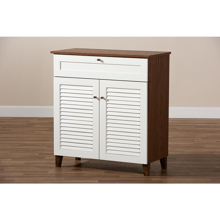 White and Walnut Finished 4-Shelf Wood Shoe Storage Cabinet with Drawer. Picture 9