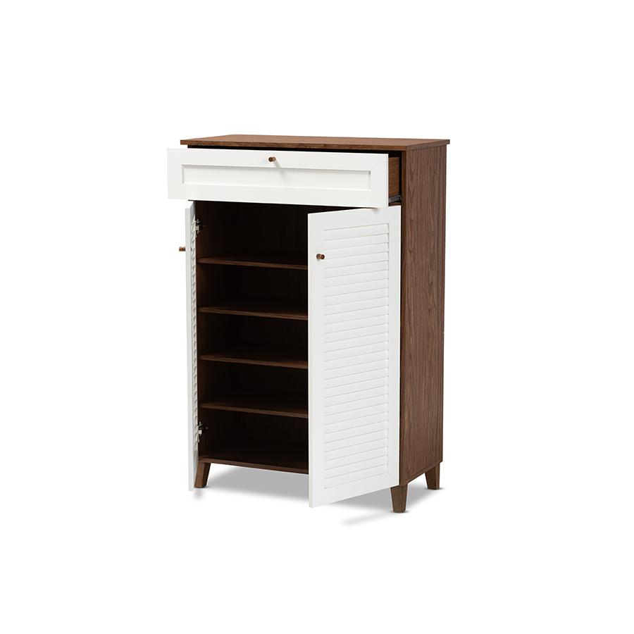 White and Walnut Finished 5-Shelf Wood Shoe Storage Cabinet with Drawer. Picture 2