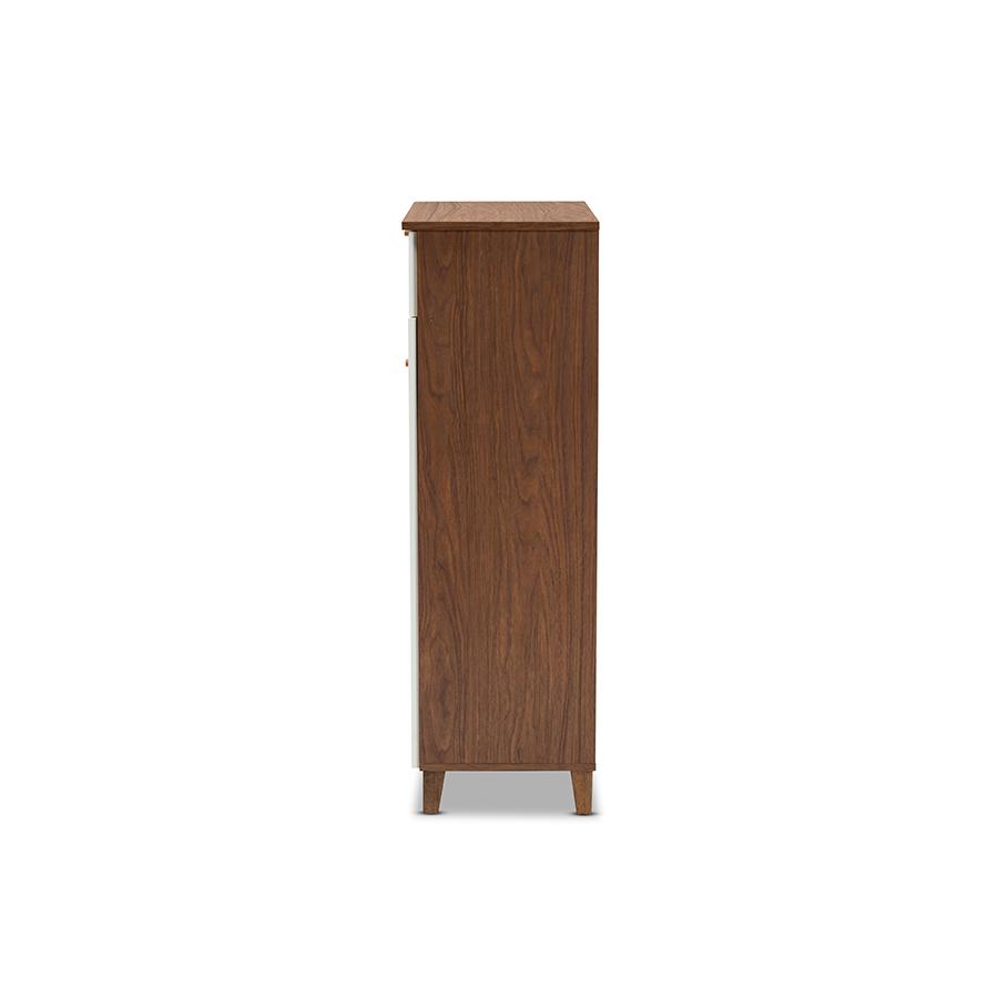 White and Walnut Finished 5-Shelf Wood Shoe Storage Cabinet with Drawer. Picture 4