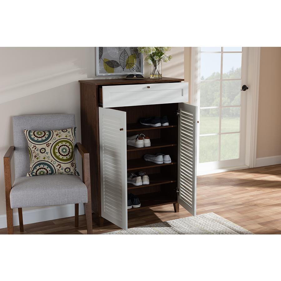 White and Walnut Finished 5-Shelf Wood Shoe Storage Cabinet with Drawer. Picture 8