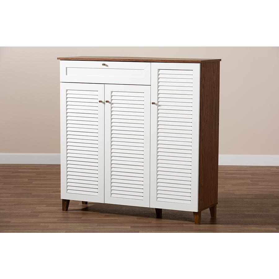 Baxton Studio Coolidge Modern and Contemporary Walnut Finished 11Shelf Wood Shoe Storage Cabinet with Drawer. Picture 9