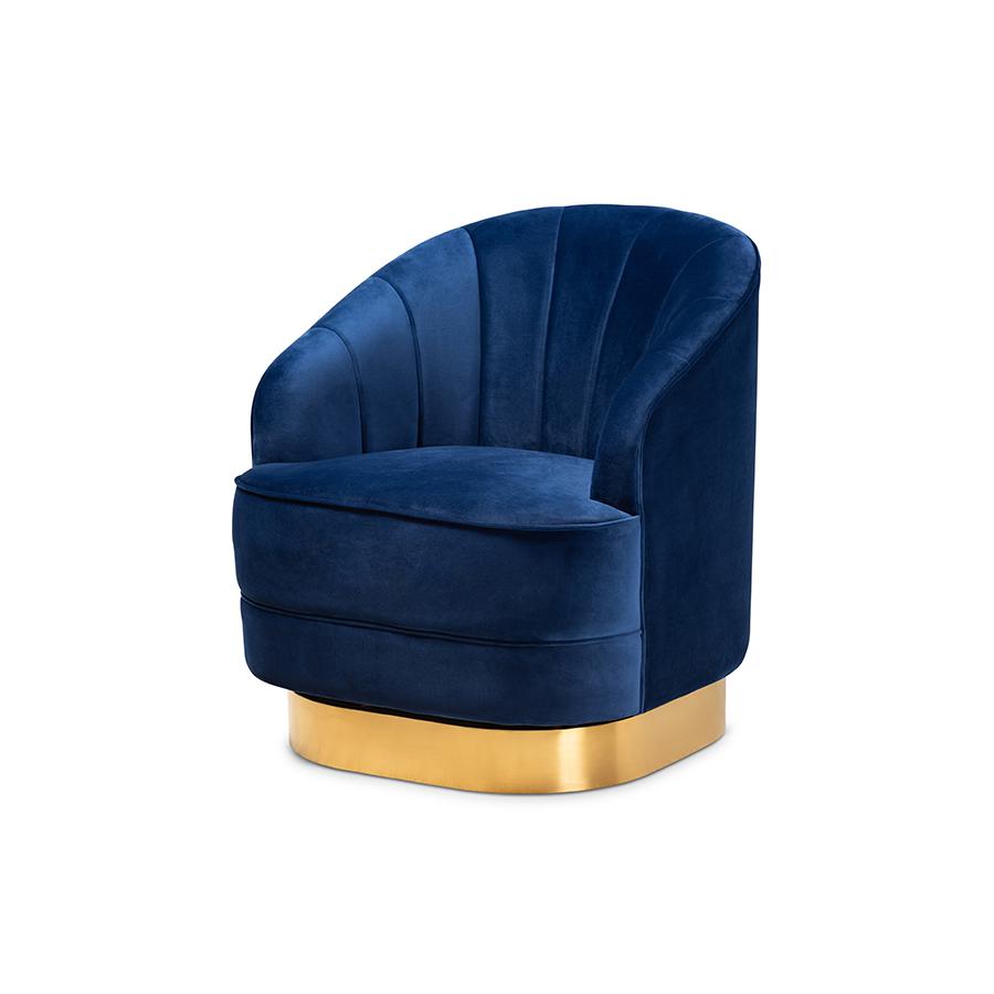 Baxton Studio Fiore Glam and Luxe Royal Blue Velvet Fabric Upholstered Brushed Gold Finished Swivel Accent Chair. Picture 1