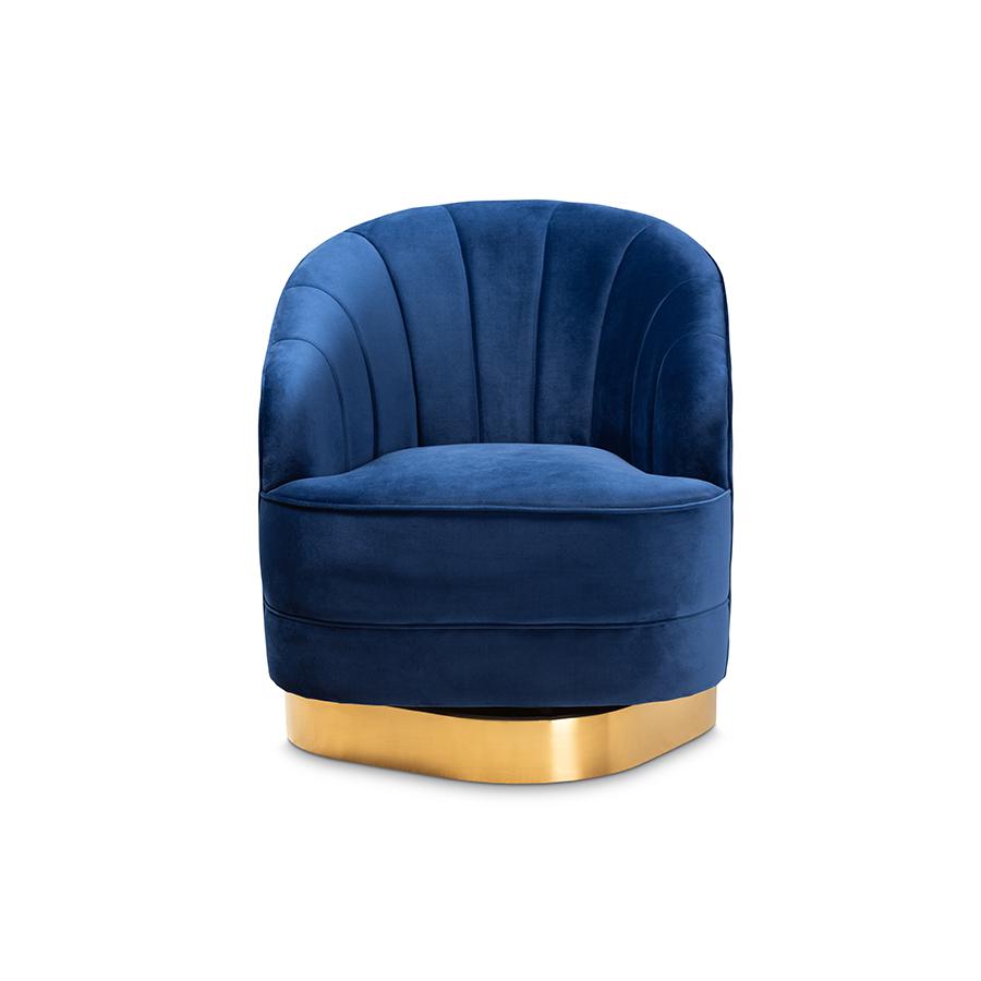 Baxton Studio Fiore Glam and Luxe Royal Blue Velvet Fabric Upholstered Brushed Gold Finished Swivel Accent Chair. Picture 2