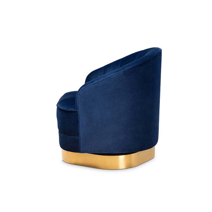 Baxton Studio Fiore Glam and Luxe Royal Blue Velvet Fabric Upholstered Brushed Gold Finished Swivel Accent Chair. Picture 3