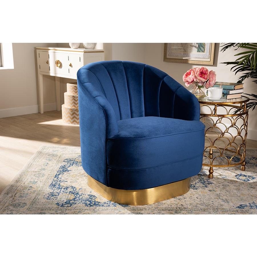 Baxton Studio Fiore Glam and Luxe Royal Blue Velvet Fabric Upholstered Brushed Gold Finished Swivel Accent Chair. Picture 7