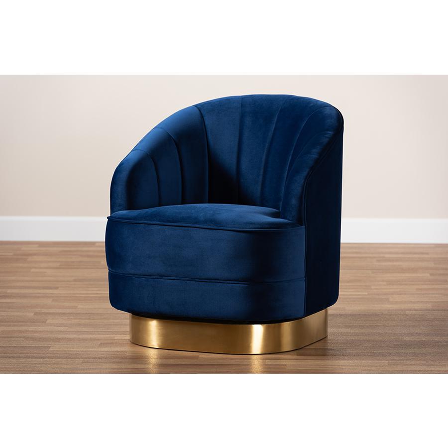 Baxton Studio Fiore Glam and Luxe Royal Blue Velvet Fabric Upholstered Brushed Gold Finished Swivel Accent Chair. Picture 8