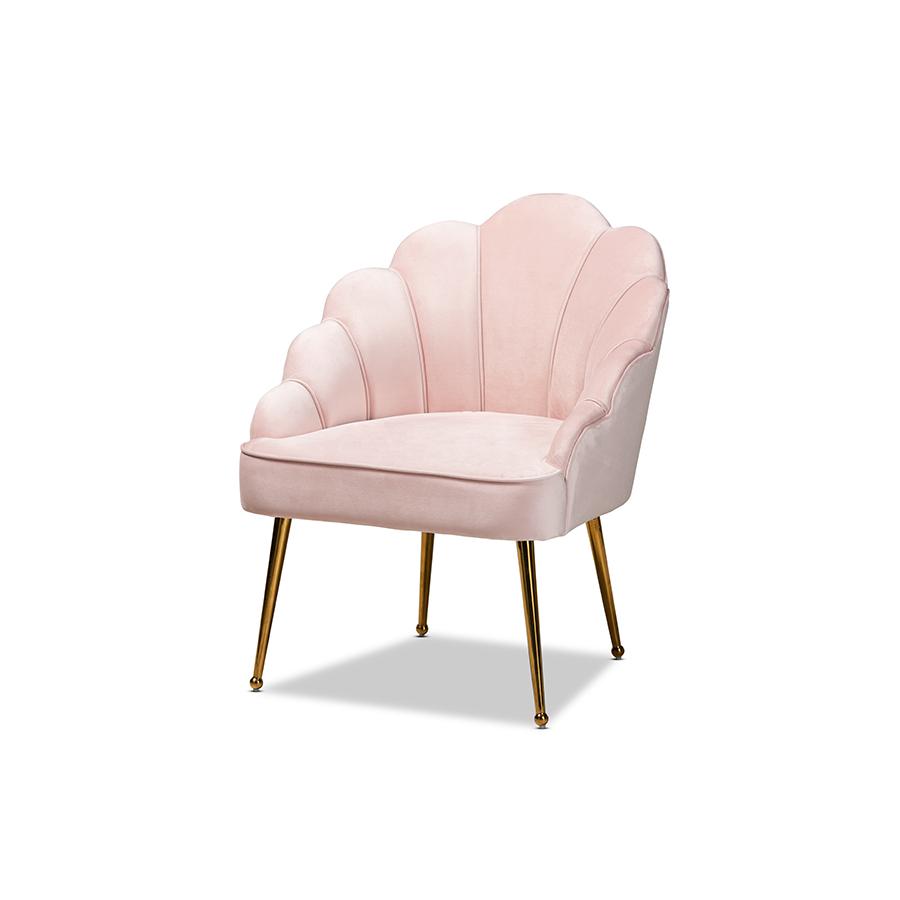 Baxton Studio Cinzia Glam and Luxe Light Pink Velvet Fabric Upholstered Gold Finished Seashell Shaped Accent Chair. Picture 1
