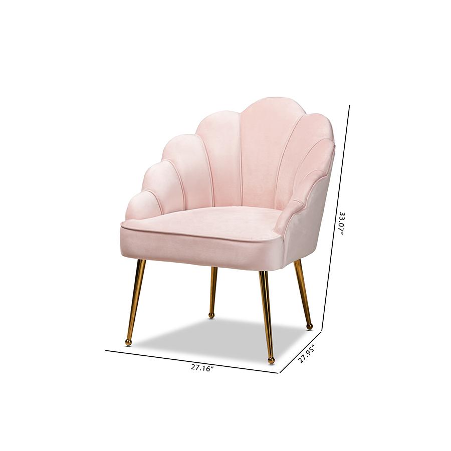 Baxton Studio Cinzia Glam and Luxe Light Pink Velvet Fabric Upholstered Gold Finished Seashell Shaped Accent Chair. Picture 9