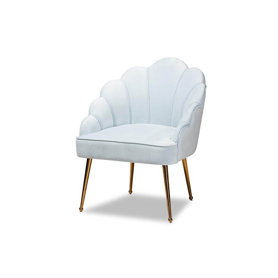 Baxton Studio Cinzia Glam and Luxe Light Blue Velvet Fabric Upholstered Gold Finished Seashell Shaped Accent Chair. Picture 1