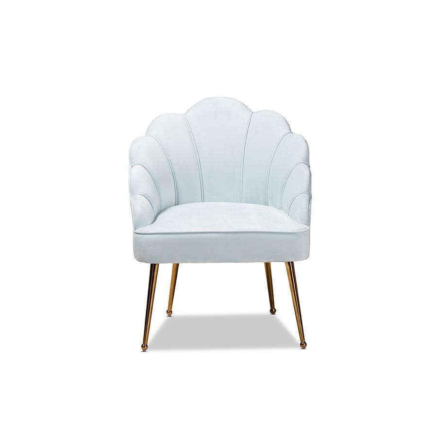 Baxton Studio Cinzia Glam and Luxe Light Blue Velvet Fabric Upholstered Gold Finished Seashell Shaped Accent Chair. Picture 2