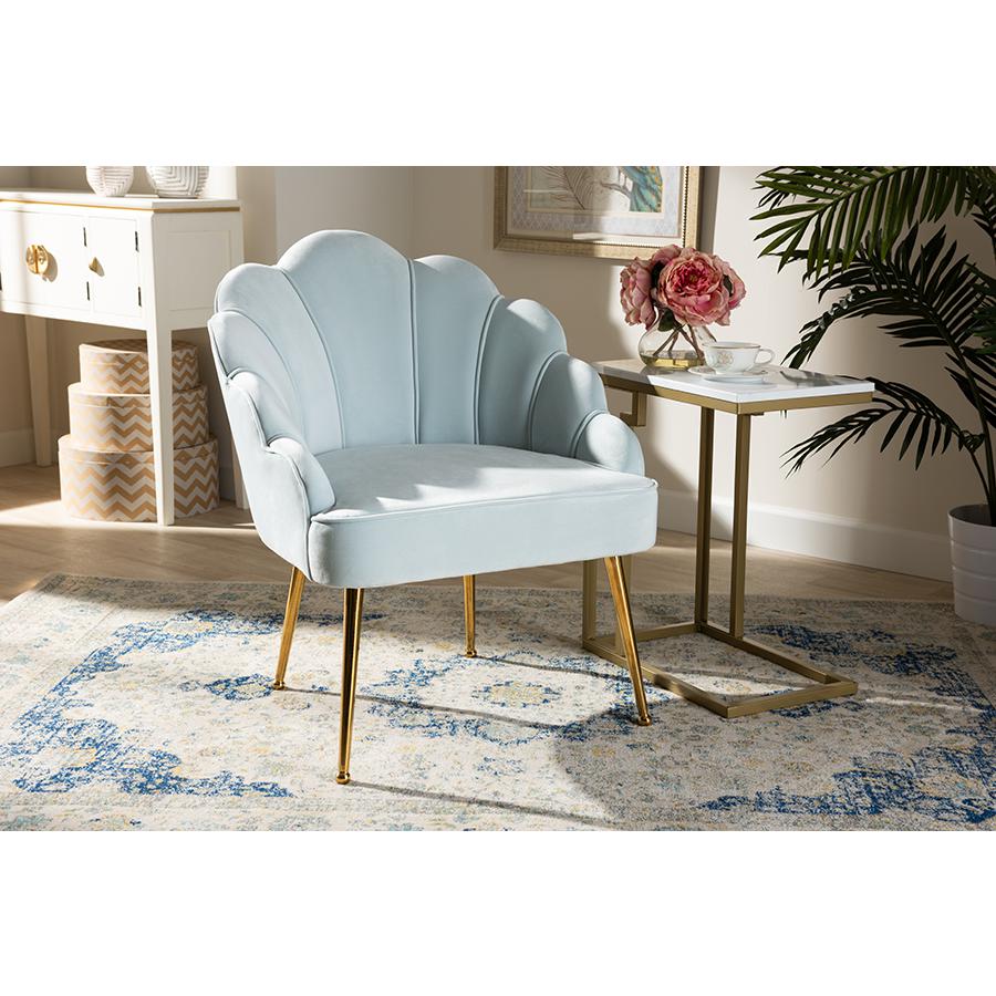 Baxton Studio Cinzia Glam and Luxe Light Blue Velvet Fabric Upholstered Gold Finished Seashell Shaped Accent Chair. Picture 7