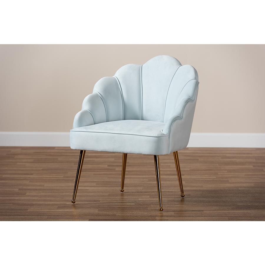 Baxton Studio Cinzia Glam and Luxe Light Blue Velvet Fabric Upholstered Gold Finished Seashell Shaped Accent Chair. Picture 8
