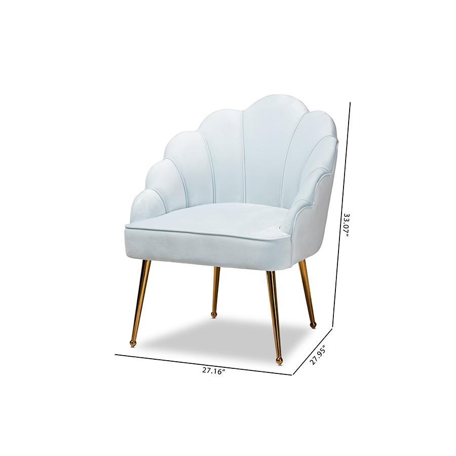 Baxton Studio Cinzia Glam and Luxe Light Blue Velvet Fabric Upholstered Gold Finished Seashell Shaped Accent Chair. Picture 9