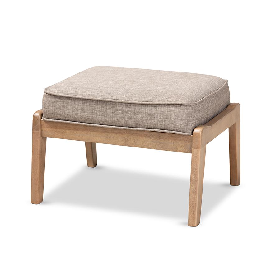 Sigrid Mid-Century Modern Light Grey Fabric Upholstered Antique Oak Finished Wood Ottoman. Picture 1